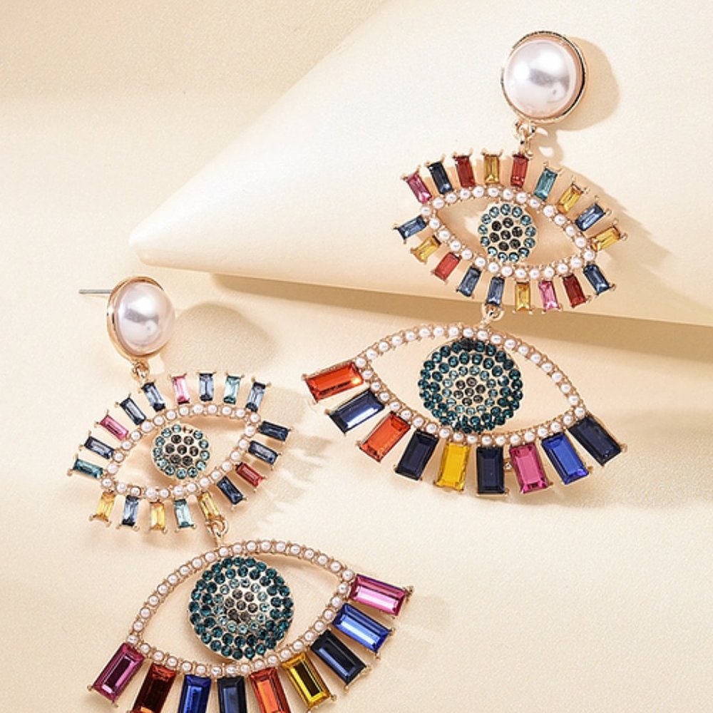Large Rhinestone and Pearl Eye Dangle‎ Earrings RAINBOW STATEMENT PARTY BOHO